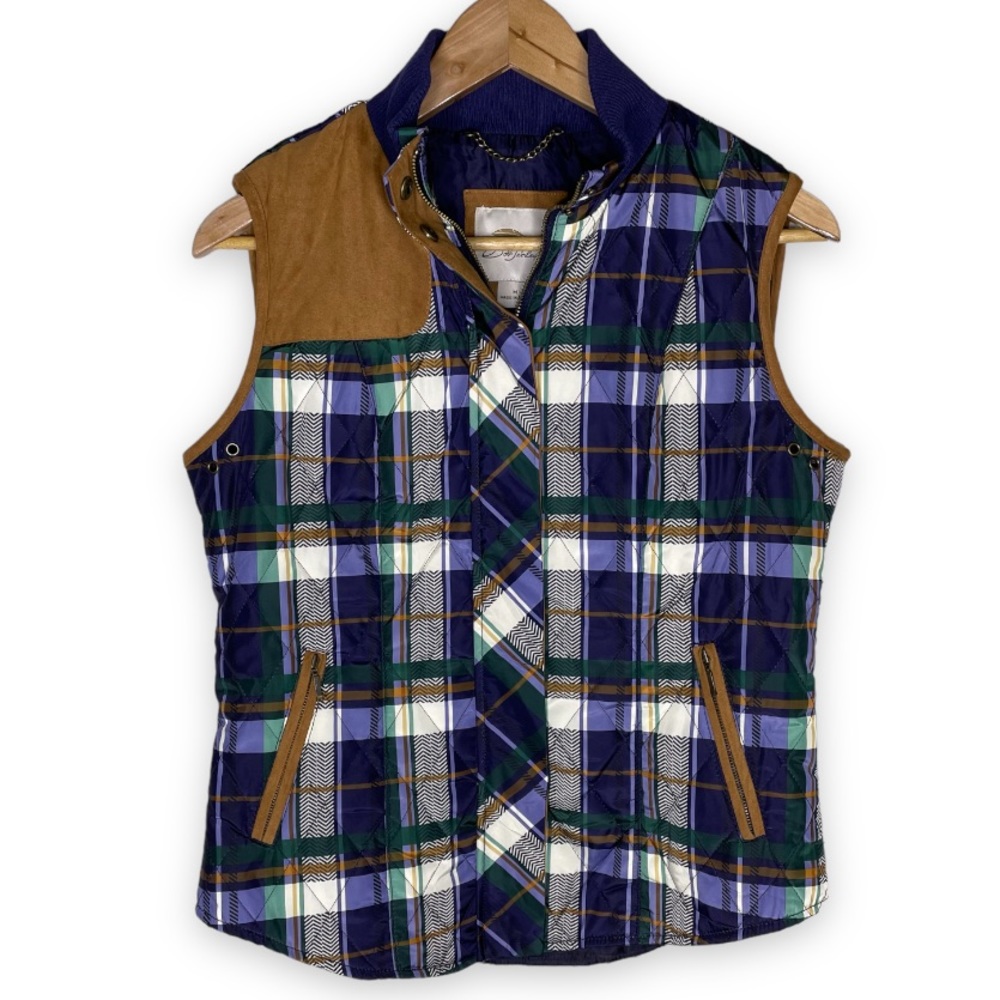 Bob Timberlake Blue Plaid Faux Suede Accents Puffer Vest